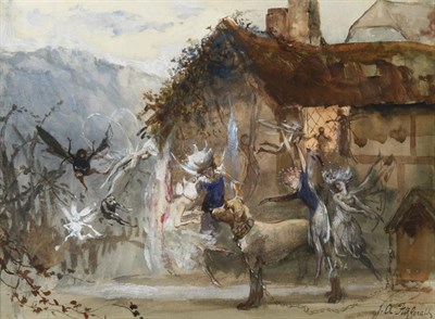 Lot 1020 - John Anster Fitzgerald (1832-1906)  The Fairies Around The Chained Dog Signed, watercolour, 26cm by