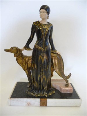 Lot 1788 - An Art Deco Cold-Painted Spelter and Faux Ivoire Group, modelled as a young woman in mediaeval...