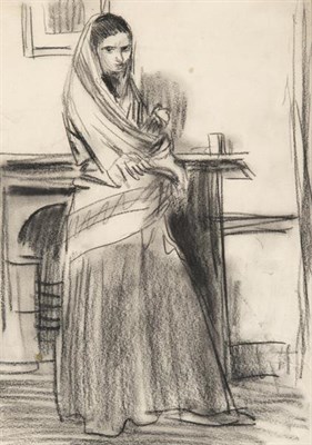Lot 1023 - Augustus Edwin John OM RA (1878 - 1961)  Sketch of Dorelia McNeill in an interior Charcoal, 34cm by