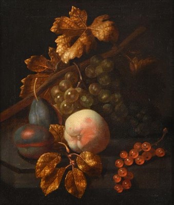 Lot 1029 - Attributed to Simon Pietersz Verelst (1644-1721) Dutch  Still life of grapes, fruit and leaves  Oil