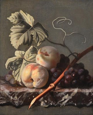 Lot 1032 - Circle of Simon Pietersz Verelst (1644-1721) Dutch  Peaches, vine leaves and grapes on a ledge...