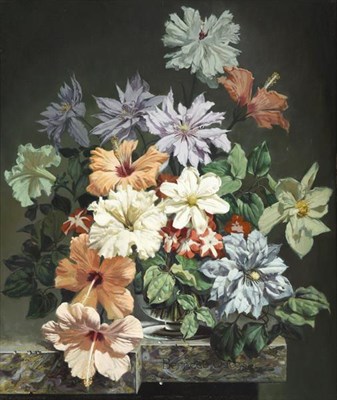 Lot 1036 - Bennett Oates (1928-2009)  Still life of Hibiscus, Clematis and Petunias arranged in a glass...