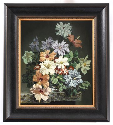 Lot 1036 - Bennett Oates (1928-2009)  Still life of Hibiscus, Clematis and Petunias arranged in a glass...