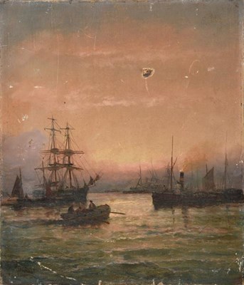 Lot 1038 - William Thornley (fl.1858-1898)  ''Sunset Lower Thames''  Signed, inscribed to stretcher verso, oil