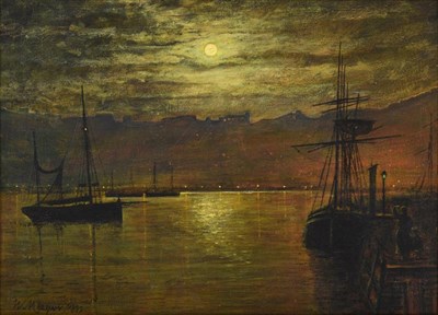 Lot 1043 - Walter Meegan (1859-1944)  Moonlit shipping scene Signed and dated 1892, oil on canvas, 24cm by...