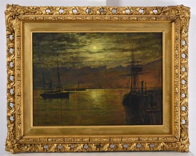 Lot 1043 - Walter Meegan (1859-1944)  Moonlit shipping scene Signed and dated 1892, oil on canvas, 24cm by...