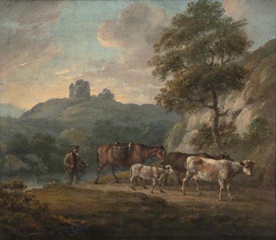 Lot 1049 - Attributed to Julius Caesar Ibbetson (1759-1817) Rustic scene with cattle Signed, oil on panel,...