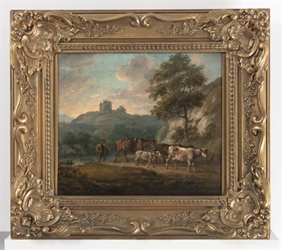 Lot 1049 - Attributed to Julius Caesar Ibbetson (1759-1817) Rustic scene with cattle Signed, oil on panel,...