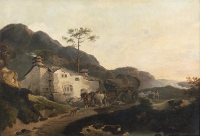 Lot 1052 - Philip James de Loutherbourg (1740-1812) Horse and cart outside a country inn Signed, oil on...