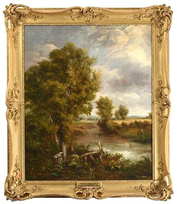 Lot 1053 - Circle of John Constable RA (1776-1837)   ''The Old Barge Berth on the River Colne''  Oil on...