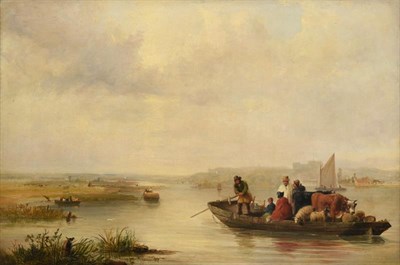Lot 1054 - Attributed to John F Tennant (1796-1872)   Figures and cattle on a barge traversing a river...