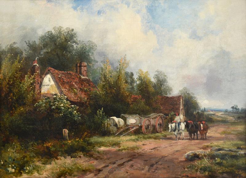 Lot 1057 - Attributed to Frederick W Watts (1800-1870) Country pathway with figure and team of horses Oil...