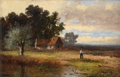 Lot 1060 - Attributed to Abraham Hulk Jnr. (1851-1922) Country cottage with figure in landscape Signed, oil on