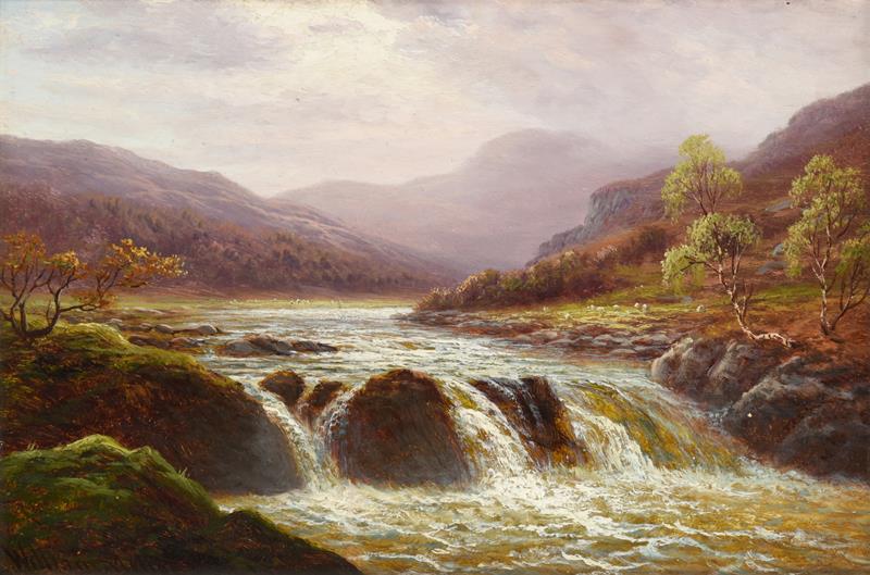 Lot 1063 - William Mellor (1851-1931) ''Falls on the Llugwy'' Signed, inscribed verso, oil on board, 19cm...
