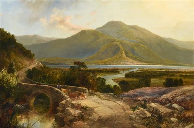 Lot 1064 - James Burrell Smith (1822-1897) Country lakeland landscape with figure driving cattle Signed...