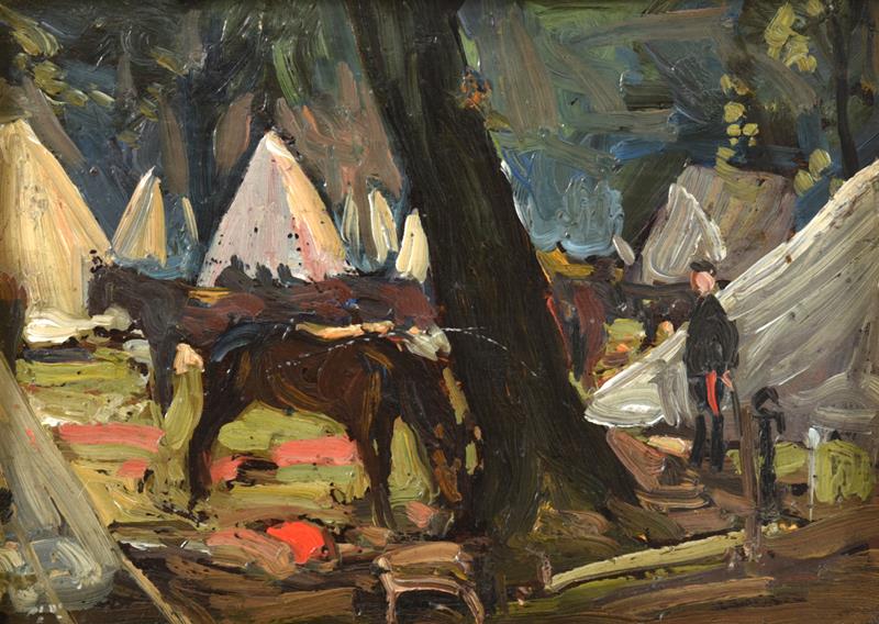Lot 1072 - Alexander Jamieson (1873-1937) Scottish  ''The Encampment'' Signed and inscribed verso, oil on...