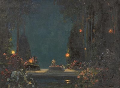 Lot 1074 - Thomas Edwin Mostyn (1864-1930) Lamplit garden dinner party Signed, oil on canvas, 49cm by 67cm...
