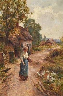 Lot 1079 - Ernest Walbourn (1872-1927) Country girl at a cottage door  Country girl on a farm track  Each...