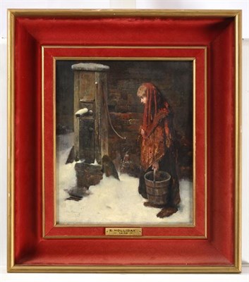 Lot 1081 - Edward Holliday (fl.1879-1884)  The Frozen Pump  Signed and dated 1879, oil on canvas, 29cm by 24cm