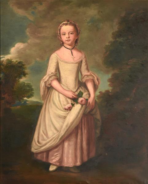 Lot 1097 - Manner of Mason Chamberlin (1727-1787) Portrait of Catherine Ayre, standing full length,...