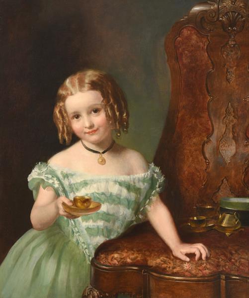 Lot 1099 - Circle of Charles Baxter (1809-1879) Afternoon tea - young girl holding a cup and saucer beside...