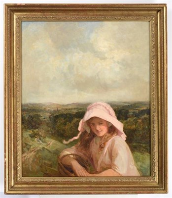 Lot 1101 - Walter Herbert Allcott (1880-1951)  Country girl resting before a panoramic landscape  Signed...