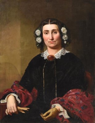Lot 1103 - Circle of William Powell Frith (1819-1909) Portrait of a lady, half length, seated in mourning...