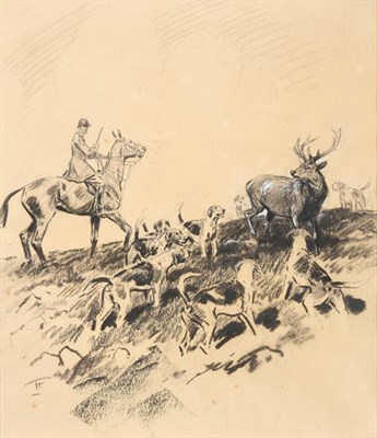Lot 1113 - Lionel Dalhousie Robertson Edwards RI (1878-1966)  The stag cornered Signed, charcoal and...