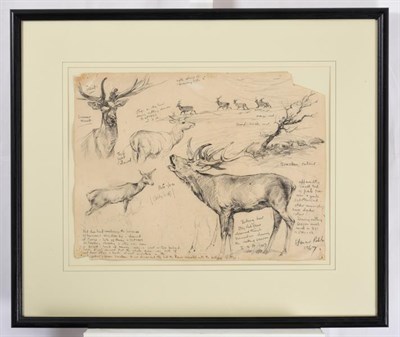 Lot 1125 - Arthur Spencer Roberts (1920-1997) Irish  Study of a herd of Red Deer Signed, extensively inscribed