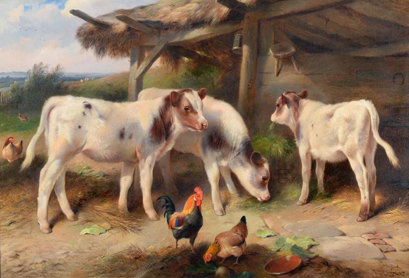 Lot 1136 - Walter Hunt (1861-1941)  Calves feeding beside a thatched stable Signed and dated 1918, oil on...