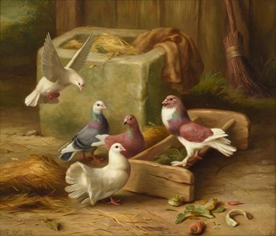 Lot 1137 - Edgar Hunt (1876-1953) Pigeons and Doves in a barn Signed and dated 1912, oil on canvas, 29cm...