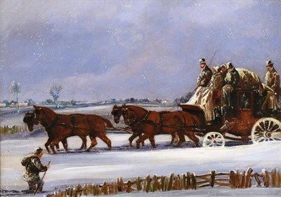 Lot 1141 - Henry Alken (19th century) Hull to London stagecoach in the snow Devon to London stagecoach Signed