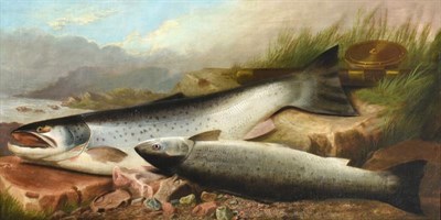 Lot 1152 - John Bucknell Russell (1819-1893) Salmon on the lochside Partially signed, oil on canvas, 43cm...