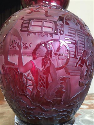 Lot 25 - A Bohemian Cranberry Overlaid Clear Glass Vase, 20th century, of double gourd form, etched and...
