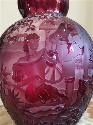 Lot 25 - A Bohemian Cranberry Overlaid Clear Glass Vase, 20th century, of double gourd form, etched and...