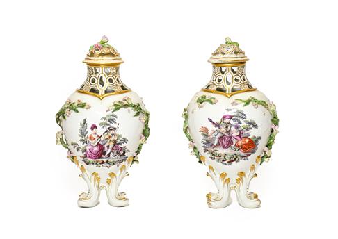 Lot 37 - A Pair of Chelsea Gold Anchor Period Porcelain Baluster Vases and Covers, circa 1760, of lobed form