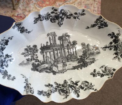 Lot 40 - A Worcester Porcelain Dessert Dish, circa 1770, of fluted oval form, printed en grisaille with...