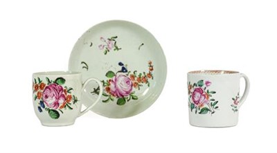 Lot 45 - A Chaffers Liverpool Porcelain Coffee Cup and Saucer, circa 1760, painted with a pink rose and...