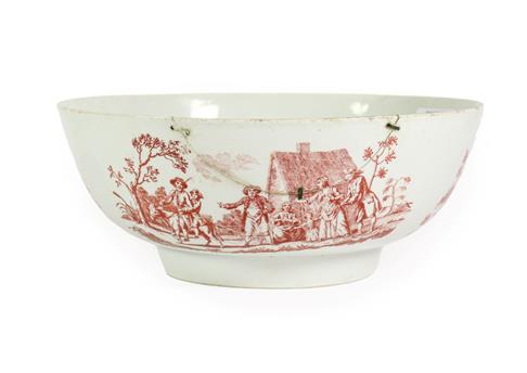 Lot 48 - A Christians Liverpool Porcelain Punch Bowl, circa 1770, printed in red with an armorial, the...