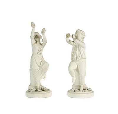 Lot 54 - A Pair of Derby Bisque Figures of Musicians, circa 1775, she playing a pair of cymbals, he a...