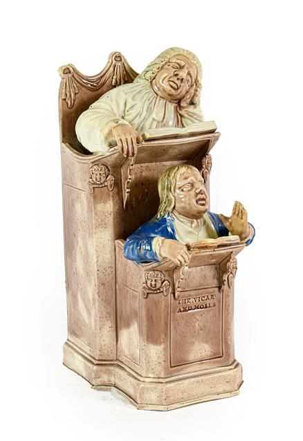 Lot 66 - A Ralph Wood Pearlware Group of the Vicar and Moses, circa 1790, modelled as the vicar asleep,...