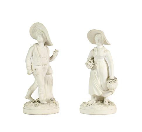 Lot 67 - A Pair of Rockingham Bisque Porcelain Figures of the Swiss Boy and Girl, circa 1830, both...