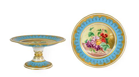 Lot 68 - A Minton Porcelain Tazza, circa 1870, painted with a still life of fruit on a marble shelf within a