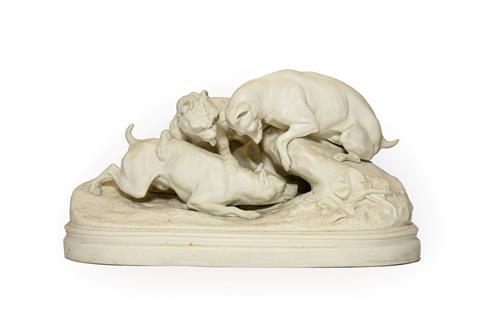 Lot 70 - A Parian Hunting Group, circa 1870, as three dogs on a rocky outcrop and oval base, 33cm wide