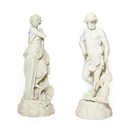Lot 73 - A Pair of Parian Figures of LE CHASSE and LA PECHE, circa 1870, modelled as a loosely draped...