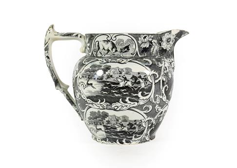Lot 74 - A Pearlware Sporting Jug, circa 1820, printed with Hunt Nr Windsor, Fives Court and Cup at...