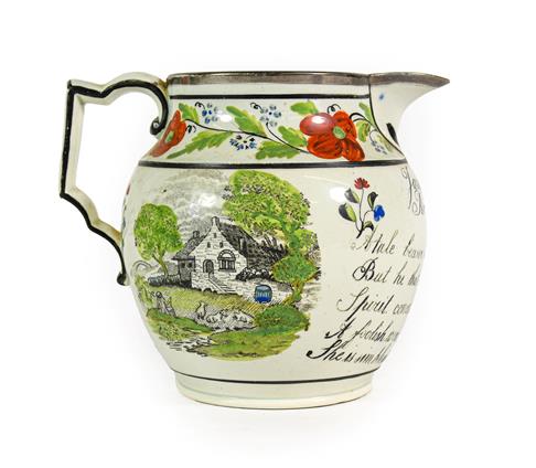Lot 76 - A Pearlware Jug, circa 1820, inscribed James Holt Rochdale and with further verse flanked by...