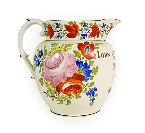 Lot 78 - A Pearlware Jug, dated 1819, of ovoid form, inscribed JOHN & SARAH YENON PEMBROKE 1819 within...