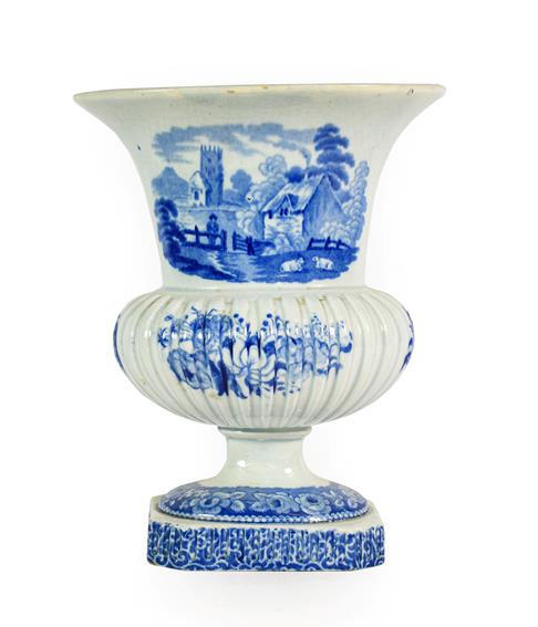 Lot 80 - A Staffordshire Pearlware Urn Shaped Vase, circa 1820, of oval section, printed in underglaze...