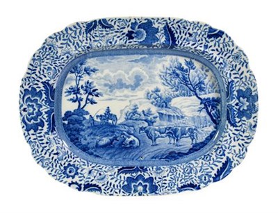 Lot 89 - A Pearlware Meat Platter from the Durham Ox Series, circa 1820, printed in underglaze blue with...